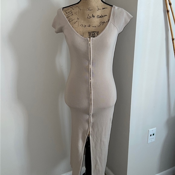 Dresses & Skirts - Cream Gold Zipper Front Bodycon Dress